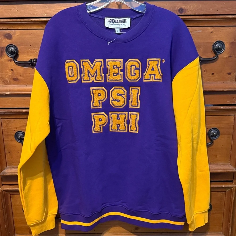 Omega Psi Phi Purple and Yellow Crewneck Sweater sweatshirt sizes L, XL and 5XL